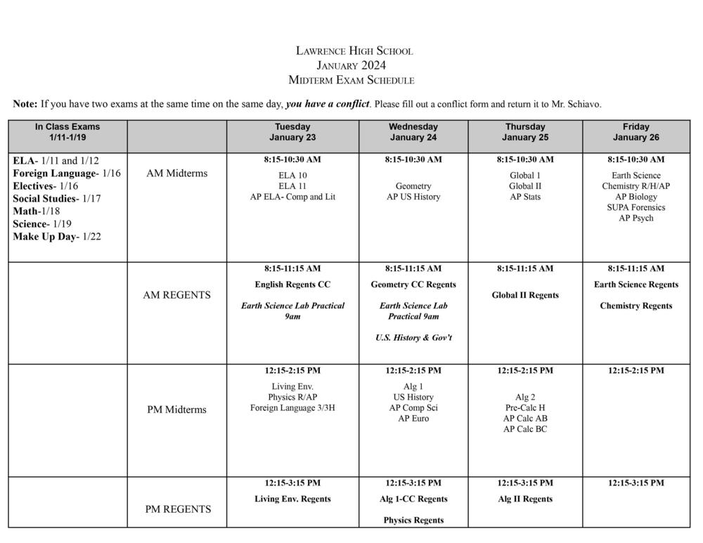 2024 Midterm and Regents Schedule Lawrence High School